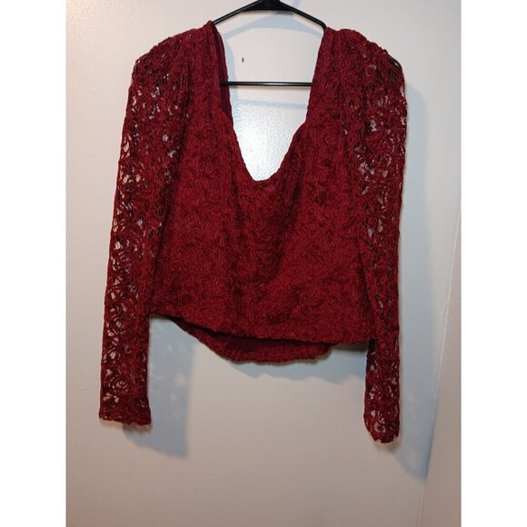 Anthropologie Deep Wine Burgundy Red Lace Sleeve Sweetheart Blouse Size Large - Picture 1 of 6